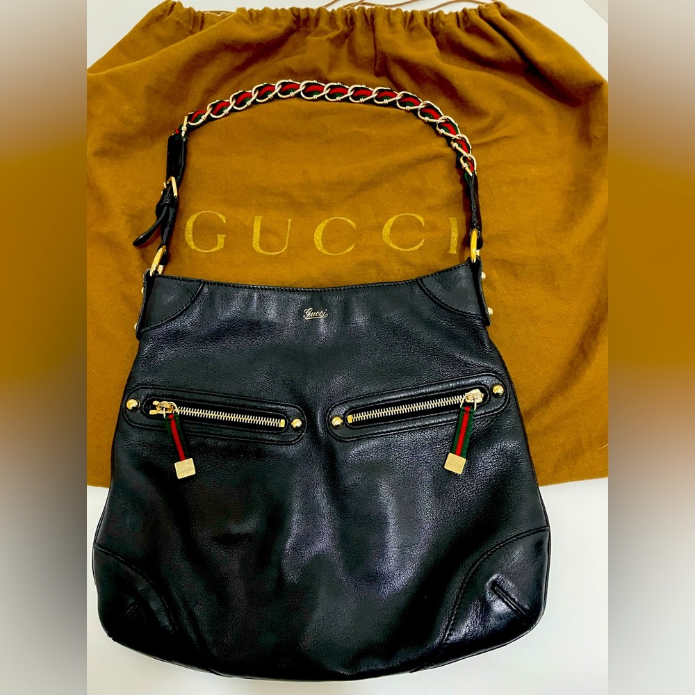 Gucci black leather bag with classic web and gold hardware
